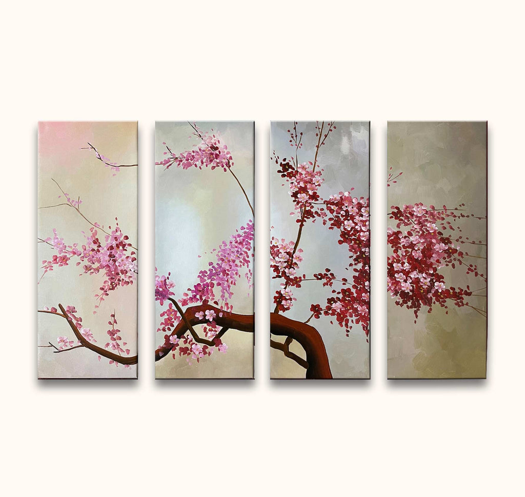 Vierdelig canvas kunstwerk Kersenbloesem met delicate roze bloesems en gedraaide tak, handgeschilderd met paletmes en olieverf, klaar om op te hangen.