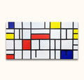 Piet Mondriaan - Compositie 2 in Rood, Geel en Blauw: Rectangular canvas with a grid of black lines and primary-colored rectangles, hand-painted in modern abstract style.