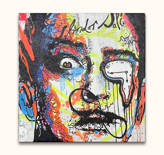 Alec Monopoly – Salvador Dali: Handgeschilderd pop art schilderij met Dalí’s gezicht en smeltende klok. Olieverf op museumkwaliteit canvas, klaar om op te hangen.