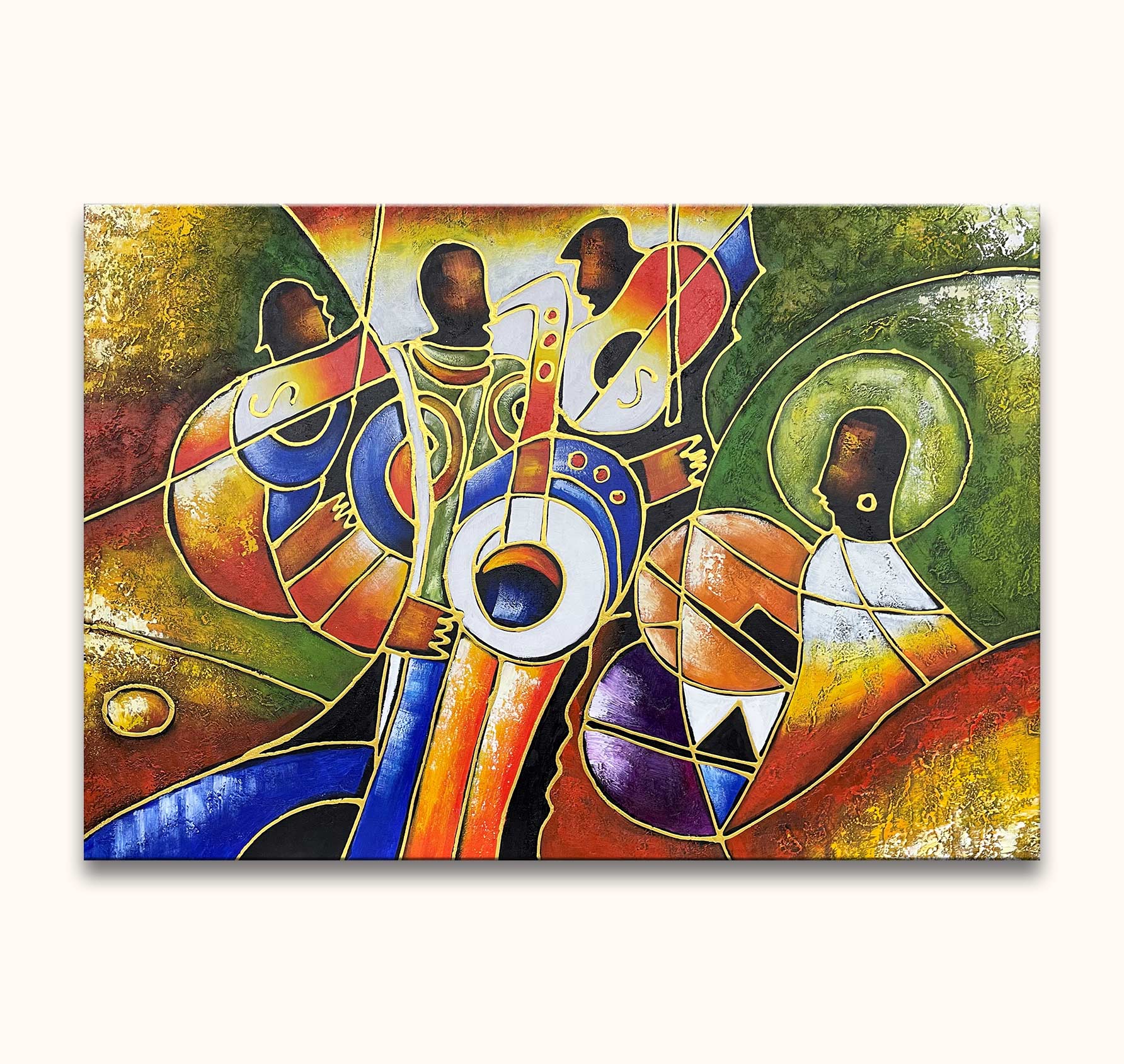 Drie muzikanten in kubistische stijl met gitaar, saxofoon en drum. Handgeschilderd olieverfschilderij De Sax met Pablo Picasso-signatuur. Geschikt voor kunstliefhebbers.