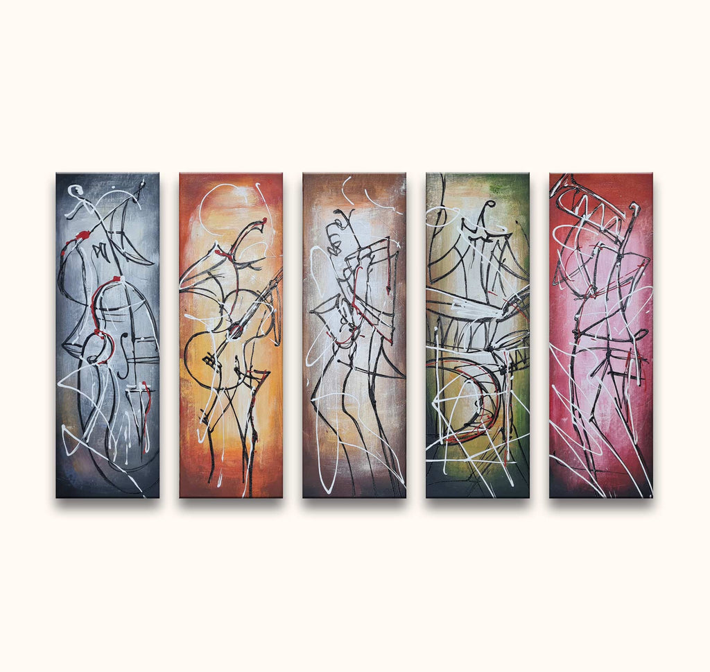 Tribal Orchestra – Olieverf 5-Luik: Abstracte panelen met muziekinstrumenten in energieke lijnen en kleuren, perfect voor moderne kunstliefhebbers, klaar om op te hangen.