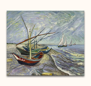 Vincent van Gogh's Vissersboten op het Strand van Saint-Maries toont impressionistische vissersboten op het strand, klaar om op te hangen, zonder lijst nodig.