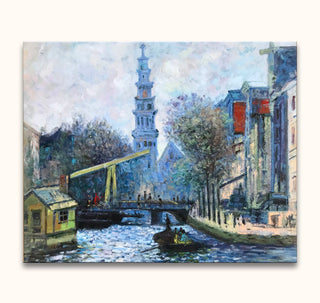 Claude Monet's Prinsengracht schilderij, impressionistische Europese kanaalscène met roeiboot, gele ophaalbrug, bomenrij en kerktoren. Handgeschilderd op zuurvrij canvas.