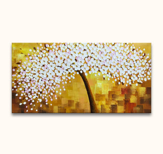 Zoete Kersbloesem – Dikke olieverf op canvas: Bloeiende kersboom met dikke, witte bloesems tegen een warme, gouden achtergrond. Handgeschilderd, klaar om op te hangen.