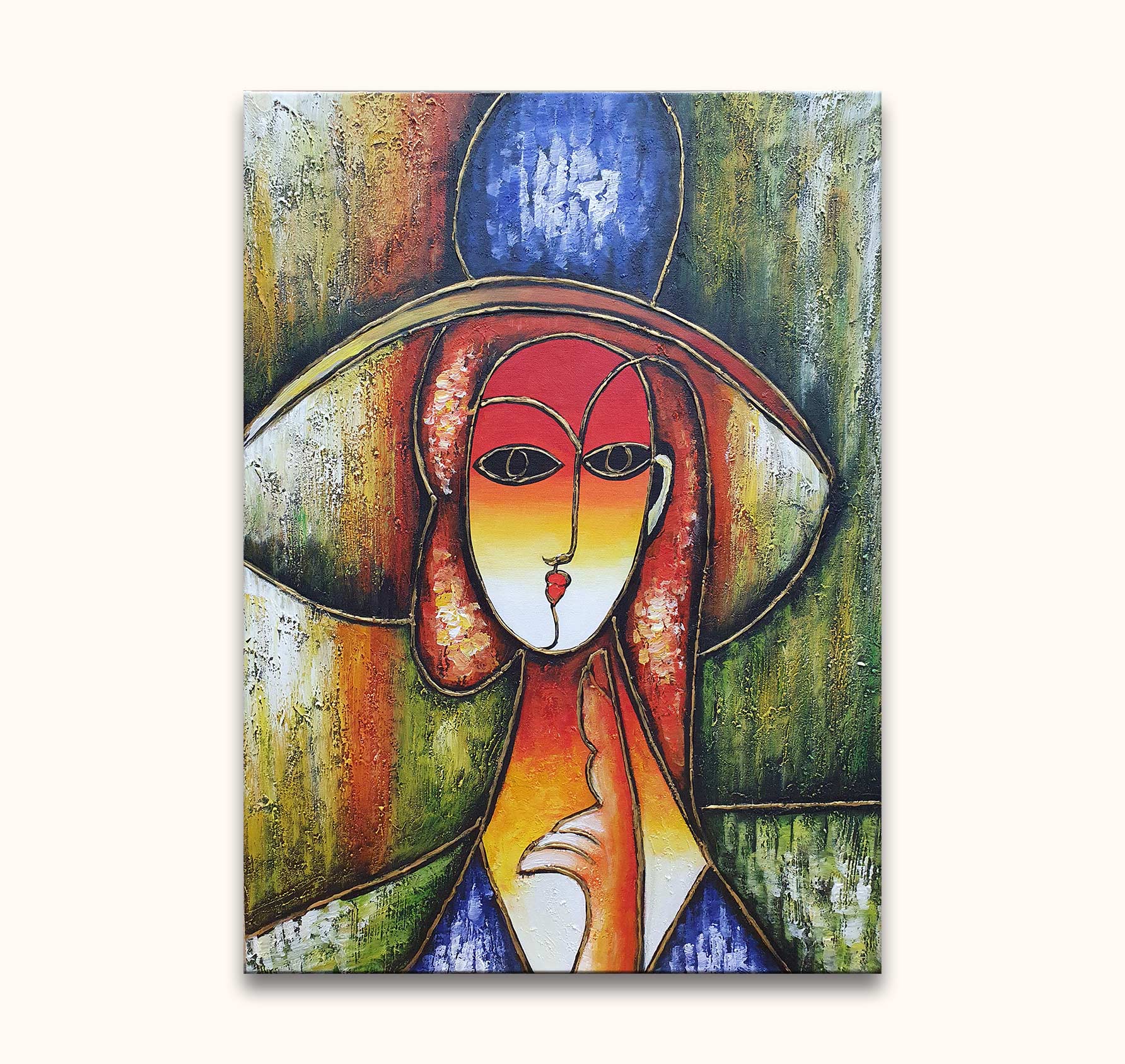 Picasso signature - Dame met Hoed: Abstracte vrouw met hoed in kubistische stijl, expressieve penseelstreken en warme kleuren. Geschilderd op hoogwaardig canvas.