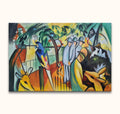 Abstract schilderij met dieren en menselijke figuren van August Macke. Drie soldaten, vogels en een boom in een kleurrijke droomscène. Olieverf op doek.