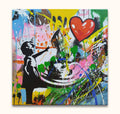 Banksy-inspired 'Girl with Balloon' painting, featuring a silhouette of a girl reaching for a heart against a vibrant graffiti-style background. Hand-painted on museum-quality canvas.
