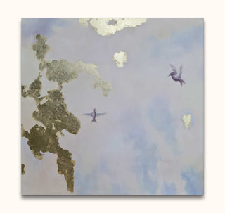 Gold Humming Birds - Olieverf op canvas met twee kolibries en gouden accenten op pastelachtergrond. Geschilderd met paletmes, direct ophangbaar.