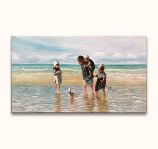 Jozef Israëls' Kinderen van de Zee: Four children in 19th-century attire play by the seaside. Hand-painted oil on canvas, ideal for romantic art enthusiasts.