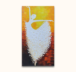 Klassieke Ballerina – Dikke olieverf op canvas: Abstracte dansende ballerina in witte reliëfverf, met bloemachtige tutu en warme, kubistische achtergrond. Geschilderd op museumkwaliteit canvas.
