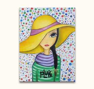Romina Lerda - 'Pluie': A colorful pop art painting of a woman with a wide-brimmed hat, braid, and lavender scarf, set against a confetti-like background.