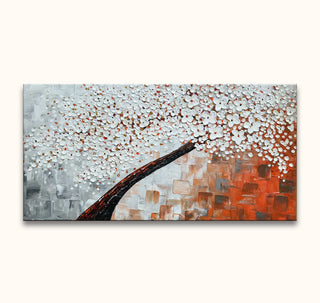 Magnolia – Dikke olieverf op canvas: Abstracte schilderij met bloeiende magnolia takken op rustieke achtergrond, paletmes techniek. Geschilderd op museumkwaliteit canvas, klaar voor ophangen.