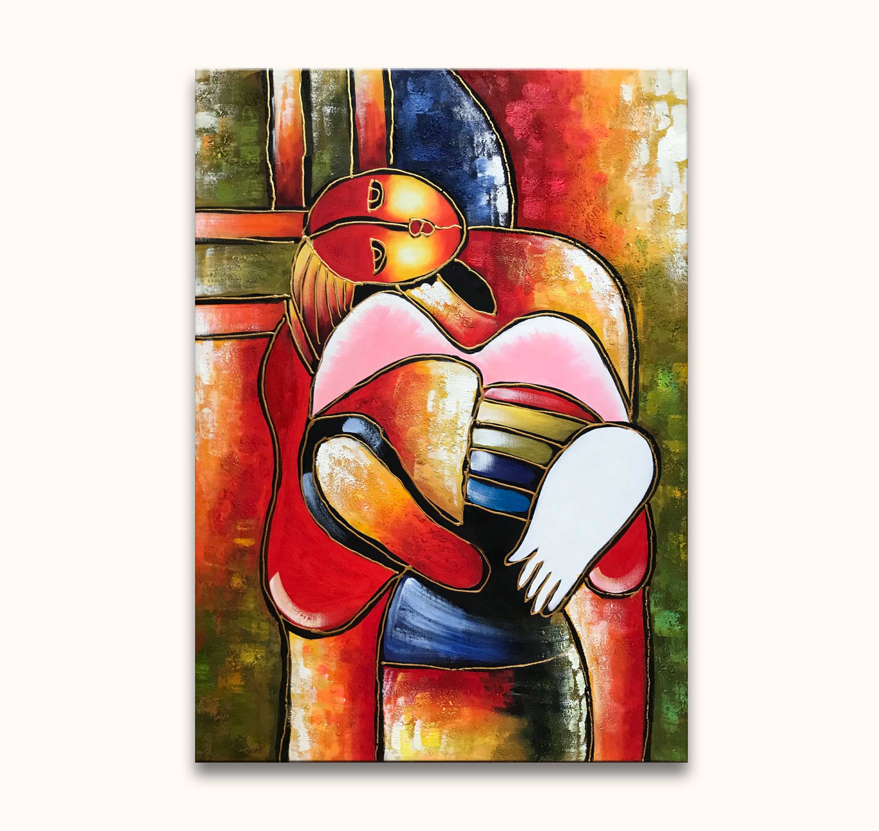 Twee abstracte figuren in omhelzing, kubistisch olieverfschilderij. Picasso signature - De Droom van Pascalle, handgeschilderd, kleurrijk en modern. Geschikt voor interieurdecoratie.