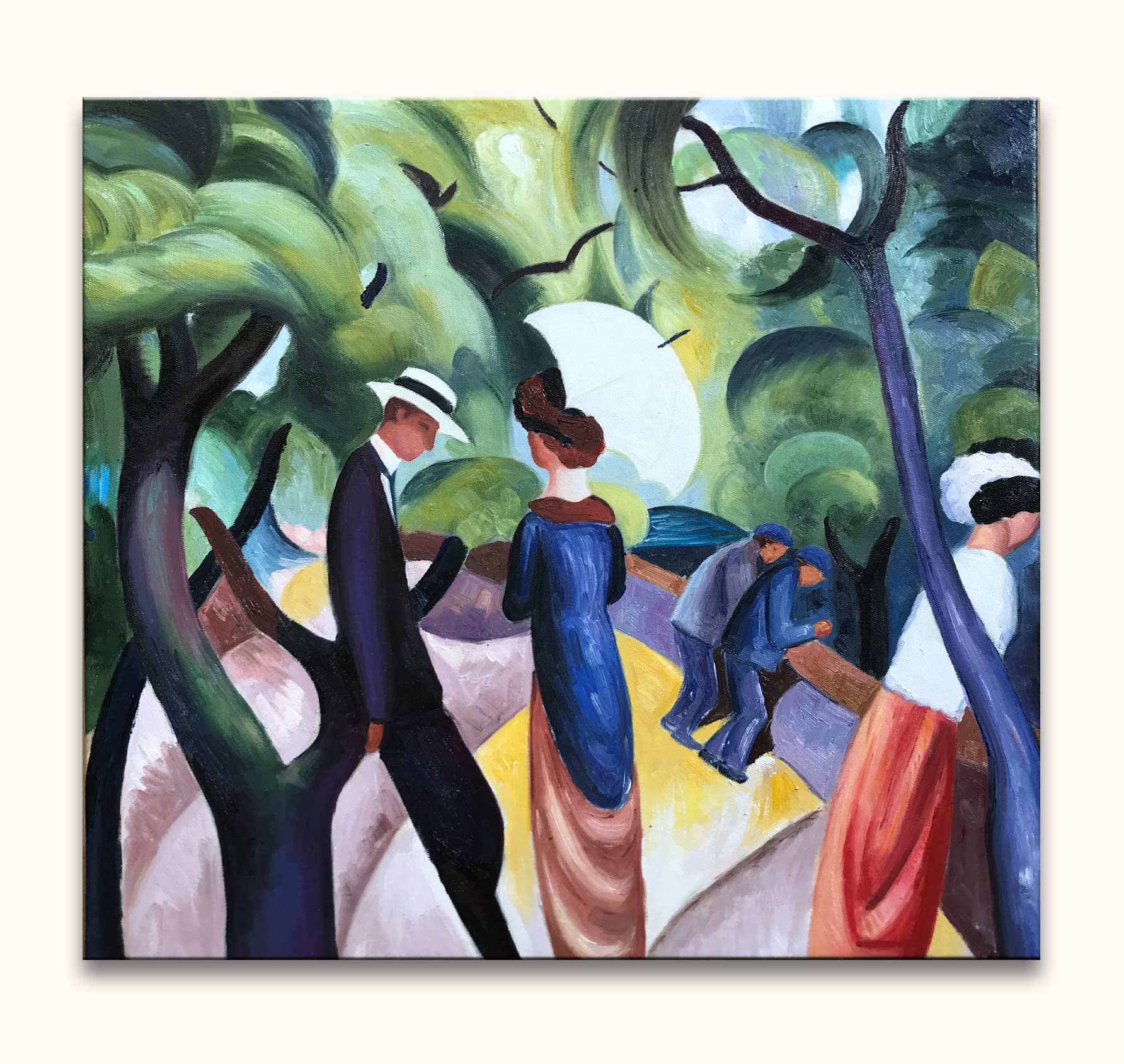 Groep mensen wandelend in park, gestileerd door August Macke. Olieverfschilderij met expressieve kleuren en dikke verflagen, perfect voor moderne kunstliefhebbers.