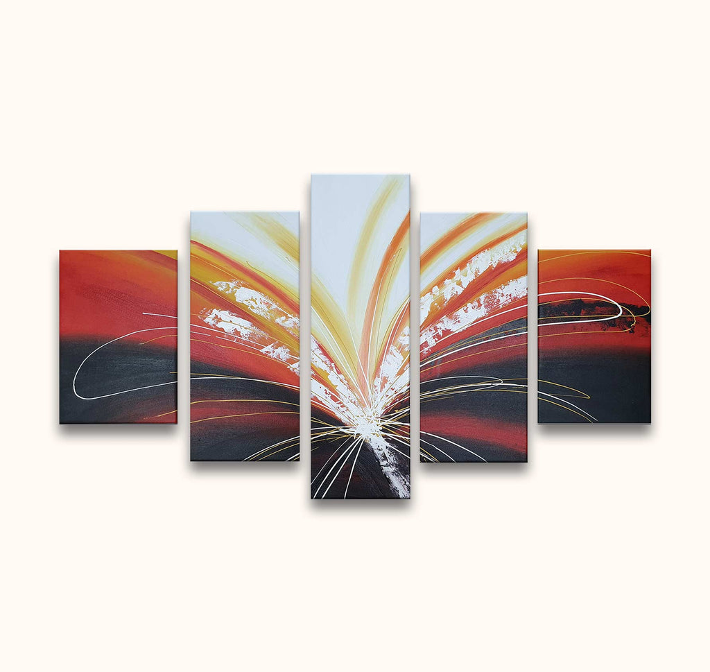 Relativity – Olieverf 5-Luik: Abstracte compositie in vijf panelen met dynamische lijnen en kleuren, handgeschilderd op canvas. Geschikt voor moderne interieurs.