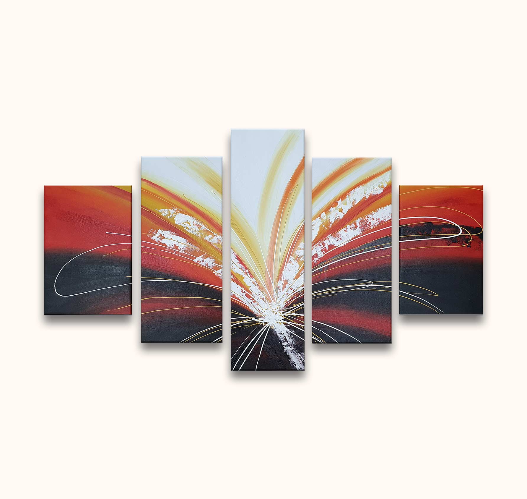 Relativity – Olieverf 5-Luik: Abstracte compositie in vijf panelen met dynamische lijnen en kleuren, handgeschilderd op canvas. Geschikt voor moderne interieurs.