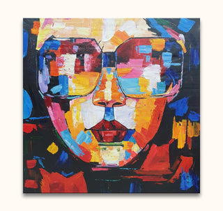 Joseph Lee's Woman with Glasses, a vibrant pop art portrait with expressive brushstrokes, capturing a face in bold hues, ready to hang.