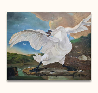 Jan Asselijn's De Bedreigde Zwaan painting, depicting a swan with outstretched wings by its nest, with a pastoral landscape and emerging dog in the background.