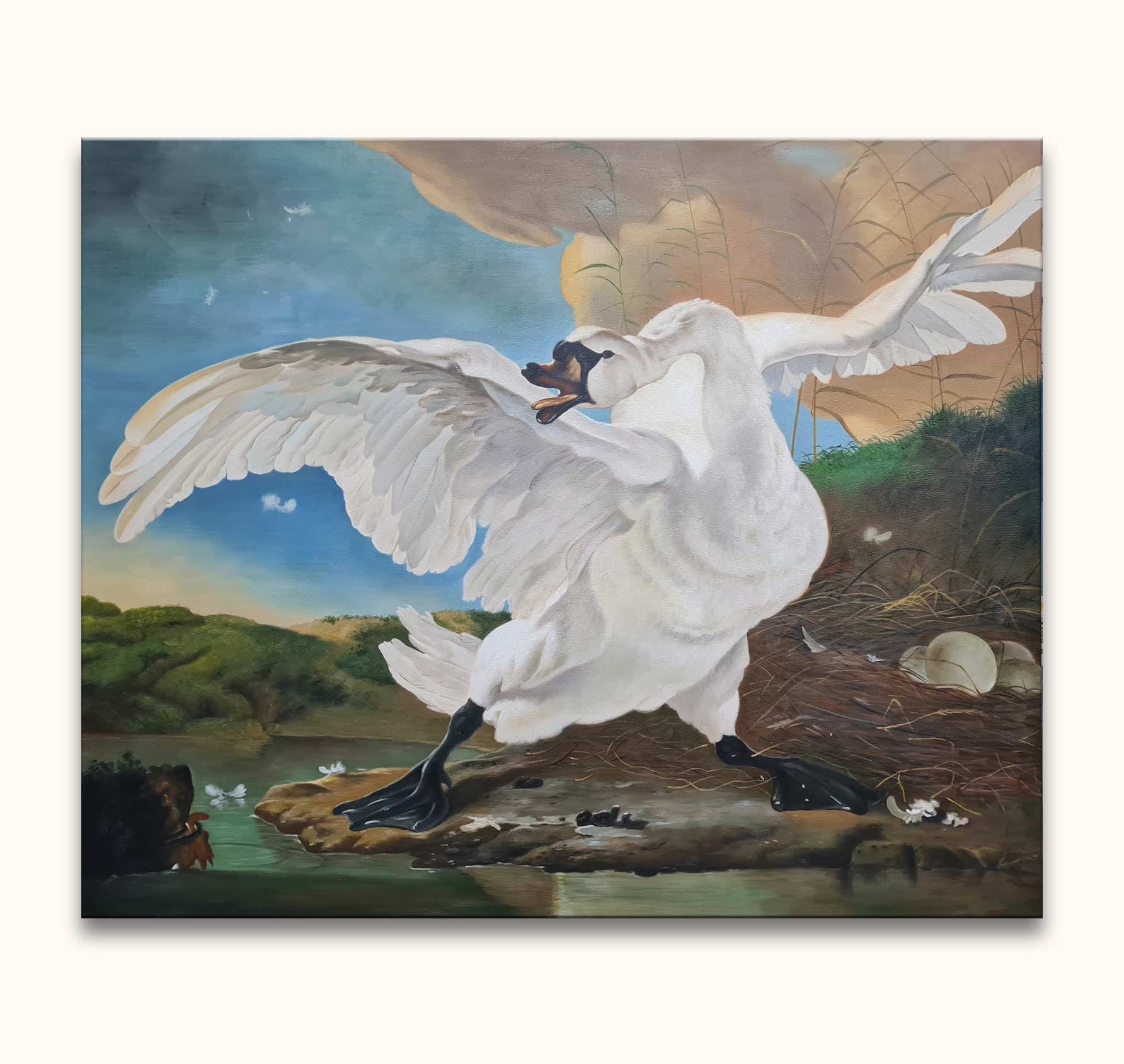 Jan Asselijn's De Bedreigde Zwaan painting, depicting a swan with outstretched wings by its nest, with a pastoral landscape and emerging dog in the background.