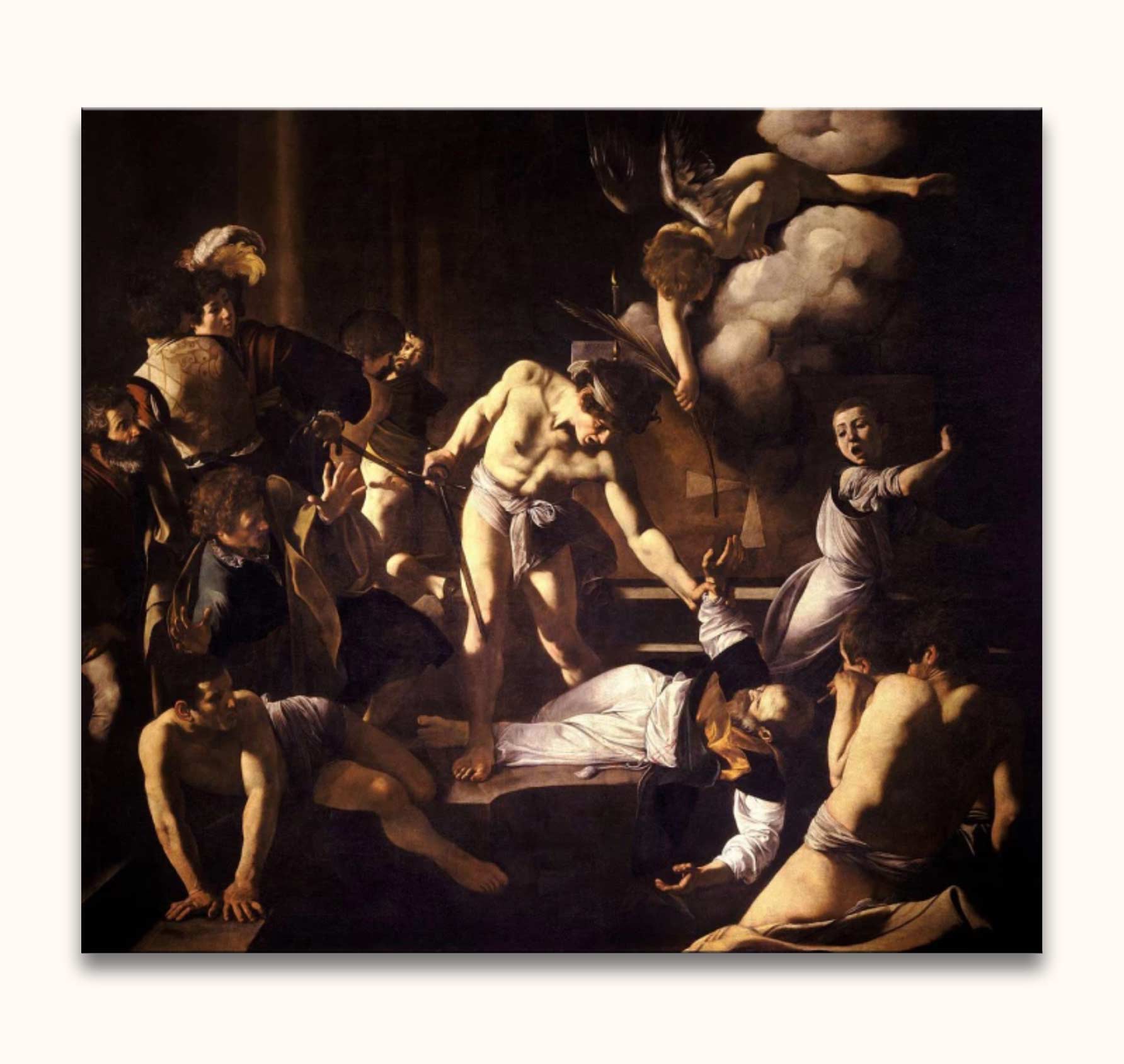 Caravaggio's 'The Martyrdom of Saint Matthew'—hand-painted scene of martyrdom, showcasing expressive Baroque style with dramatic chiaroscuro. Ready to hang.