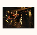 Caravaggio's The Calling of Saint Matthew: Hand-painted, dramatic scene with Christ and Saint Peter entering a dim room, highlighting Matthew. Oil on museum-quality canvas.