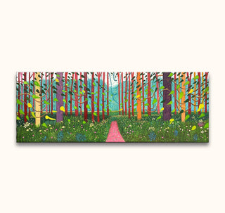 David Hockney's Arrival of Spring (200x75cm) depicts a vibrant, stylized forest with colorful trees, vines, and wildflowers, ready to hang on a wooden frame.