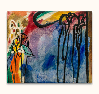Wassily Kandinsky's 'Improvisation 19' features vibrant abstract forms with bold black outlines, blending blues, purples, and warm hues on high-quality oil canvas.