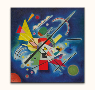 Wassily Kandinsky - Blue Painting: Abstract geometric design with colorful shapes and lines on deep-blue canvas, reminiscent of 1920s composition style. Hand-painted, ready to hang.