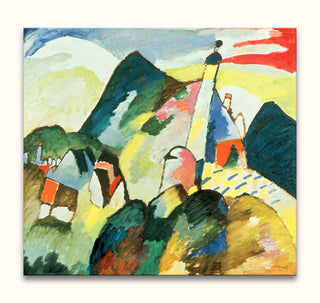 Abstract landscape by Wassily Kandinsky, Improvisation 2, featuring colorful hills, geometric houses, and a tower. Hand-painted, ready to hang on wooden frame.