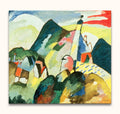 Abstract landscape by Wassily Kandinsky, Improvisation 2, featuring colorful hills, geometric houses, and a tower. Hand-painted, ready to hang on wooden frame.
