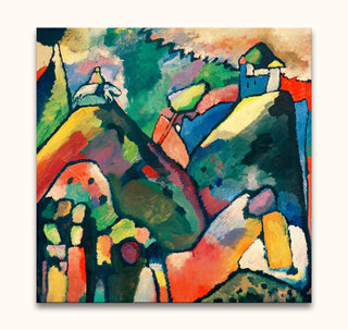 Wassily Kandinsky - Improvisation 1: Abstract oil painting with vibrant brushstrokes forming a landscape hinting at hills and a castle, stretched on a wooden frame.