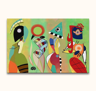 Abstract painting Las Musas by Wassily Kandinsky, featuring four colorful, non-representational figures on a green-yellow background, hand-painted on museum-quality canvas.