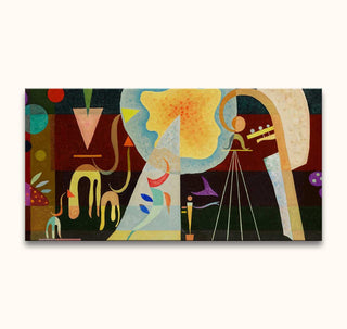 Abstract painting by Wassily Kandinsky titled 'Tensions Calmees', showcasing vivid geometric and organic forms with musical and botanical motifs. Ideal for modern art enthusiasts.
