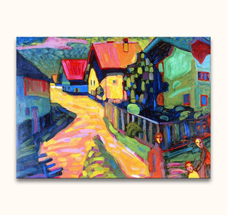 Wassily Kandinsky - Dorfstrasse: Expressionist village street oil painting with vibrant houses, abstract trees, and three figures. Ideal for modern art enthusiasts.