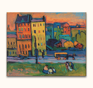 Expressionist cityscape by Wassily Kandinsky titled Huizen, featuring figures and colorful buildings. Hand-painted oil on museum-quality canvas, ready to hang.