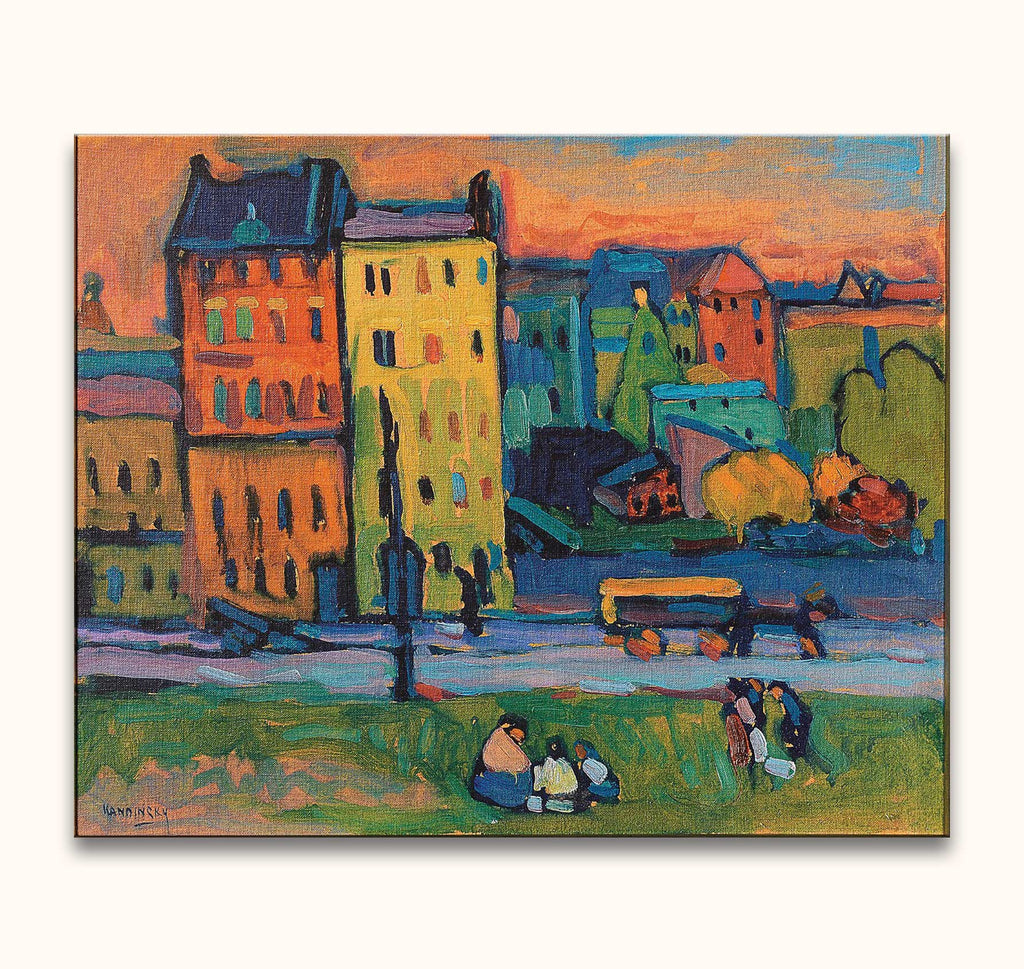 Expressionist cityscape by Wassily Kandinsky titled Huizen, featuring figures and colorful buildings. Hand-painted oil on museum-quality canvas, ready to hang.