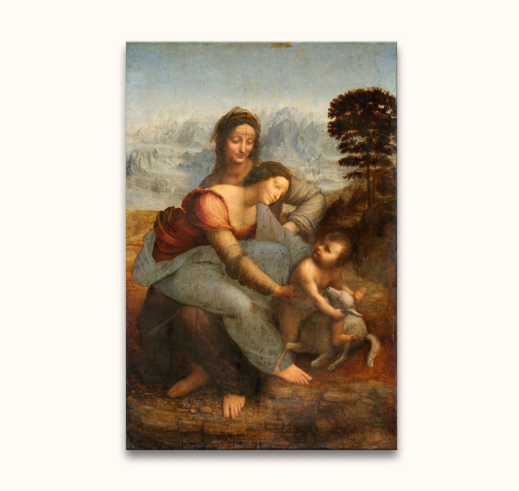 Leonardo da Vinci - Anna te Drieen: Hand-painted oil artwork featuring three biblical figures, including Mary and Child, in a classic Renaissance style.