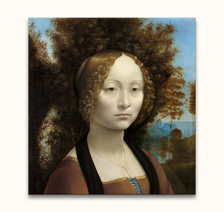 Leonardo da Vinci - Ginevra de' Benci: Renaissance-style oil portrait of a young woman with auburn hair, blue-ribboned russet bodice, set against a stylized landscape.