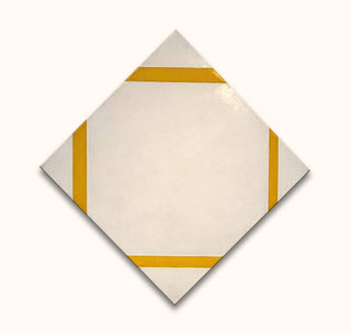 Piet Mondriaan's 'Compositie met gele lijnen': Minimalist diamond-oriented square with mustard-yellow bars on edges, hand-painted for modern art lovers.