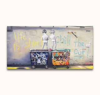 Banksy - Chill the Duck Out (135x65cm) features child sculptures on bins, graffiti slogans, and a stenciled duck, embodying playful street art. Hand-painted on quality canvas.