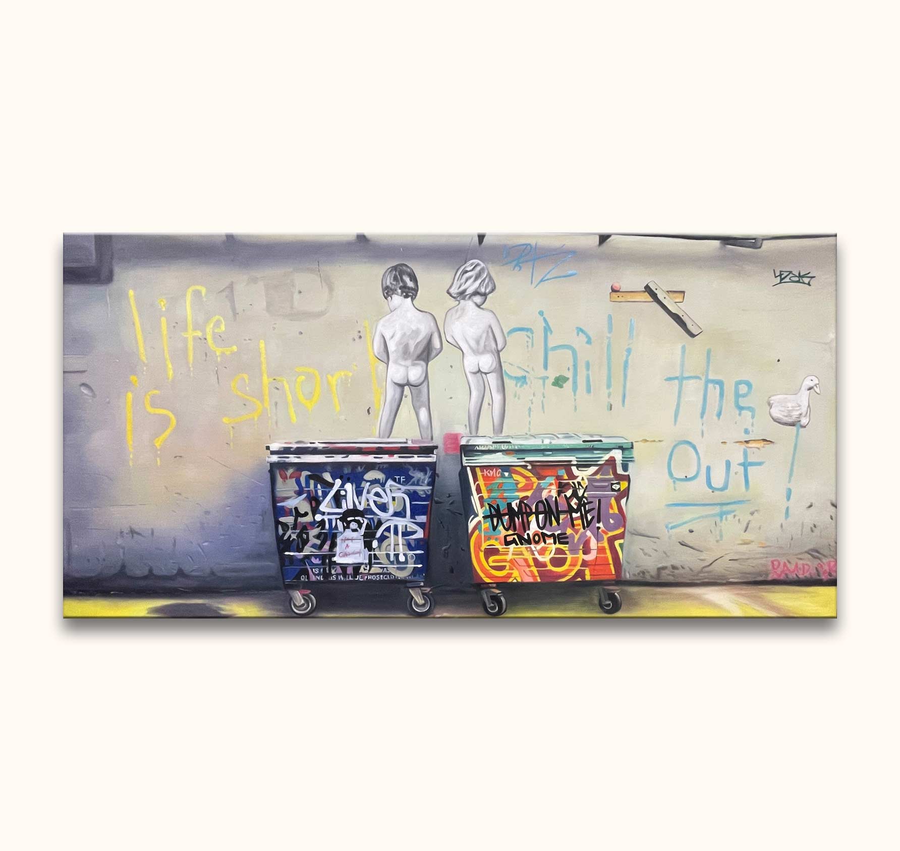 Banksy - Chill the Duck Out (135x65cm) features child sculptures on bins, graffiti slogans, and a stenciled duck, embodying playful street art. Hand-painted on quality canvas.