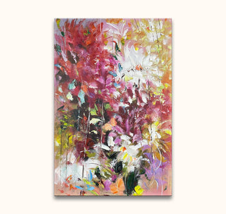 Bloemen uit Sint-Petersburg - Olieverf op canvas: Abstracte bloemen met expressieve penseelstreken in roze, rood en wit, op een warme achtergrond. Geschilderd op museumkwaliteit canvas.
