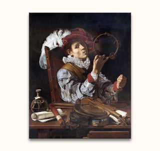 Caravaggio's The Conjurer: A young musician in Renaissance attire with a tambourine, mandolin, music sheets, and wine flask, hand-painted on museum-quality canvas.
