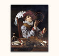 Caravaggio's The Conjurer: A young musician in Renaissance attire with a tambourine, mandolin, music sheets, and wine flask, hand-painted on museum-quality canvas.