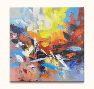 Abstract schilderij 'Colourful Days' op canvas, met dynamische kleurlagen. Handgeschilderd met paletmes en dikke olieverf. Ideaal voor expressieve kunstliefhebbers.