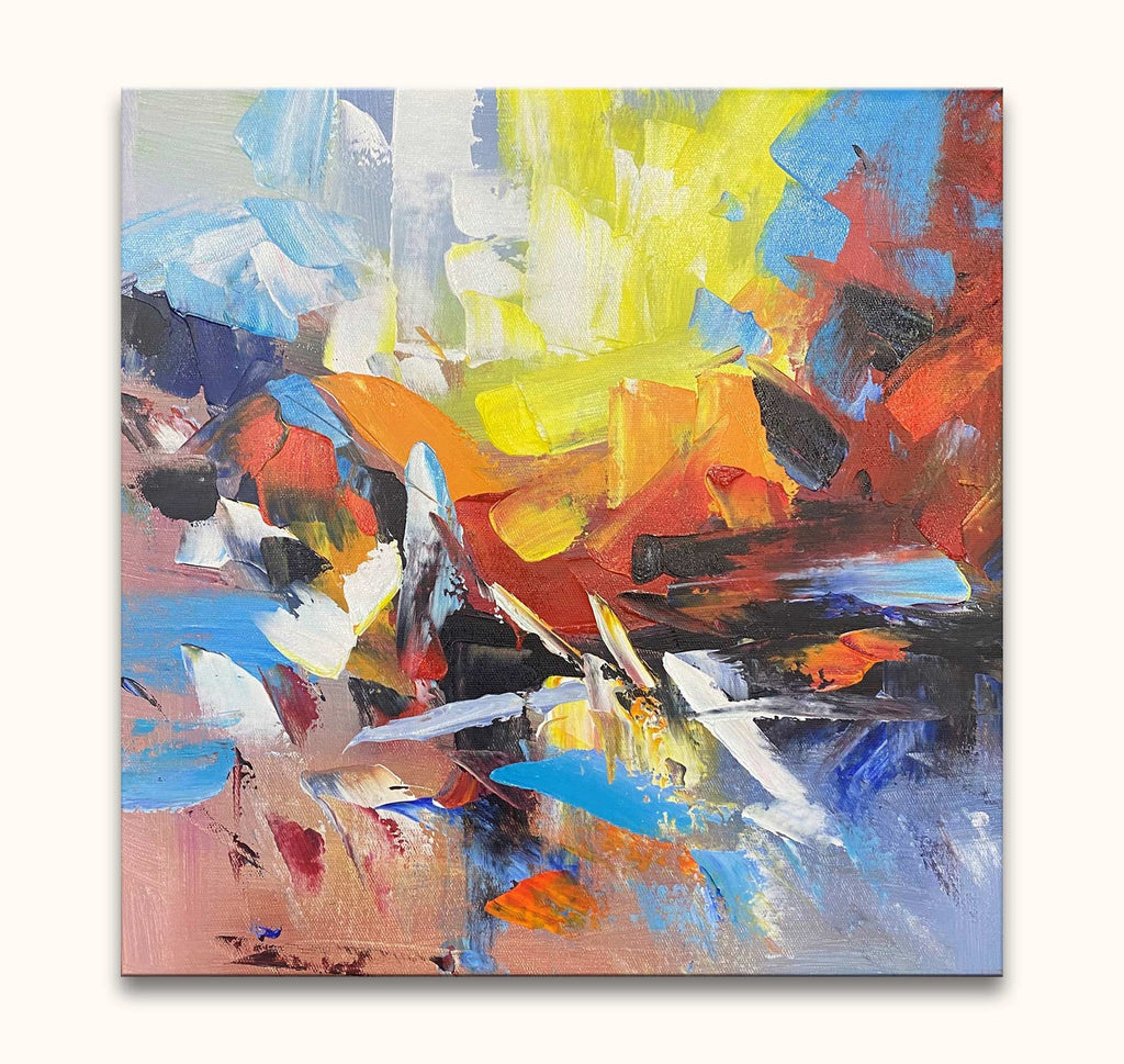 Abstract schilderij 'Colourful Days' op canvas, met dynamische kleurlagen. Handgeschilderd met paletmes en dikke olieverf. Ideaal voor expressieve kunstliefhebbers.