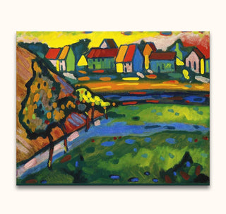 Wassily Kandinsky's 'Field with Bavarian Village': Abstract landscape with vibrant houses, meadow, and trees. Hand-painted on museum-quality canvas, ready to hang.
