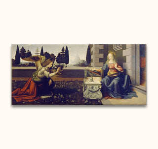 Leonardo da Vinci's Annunciation: Hand-painted Renaissance scene with Archangel Gabriel and Virgin Mary in a walled garden. Ready-to-hang on museum-quality canvas.