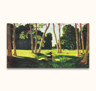 Handgeschilderd olieverfschilderij van een zonovergoten open plek met berkachtige bomen, geïnspireerd door Claude Monet – Ochtend in de Tuin. Geschilderd op museumkwaliteit canvas.
