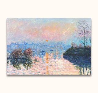Claude Monet – Oever van de Seine: impressionistisch schilderij van een mistige waterkant bij zonsopkomst met roeibootjes, gebouwen in de verte en een stralende horizon.